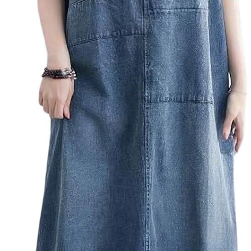 Denim Overall Dress Women's Casual Loose Pockets Slit Maxi Holiday Wear